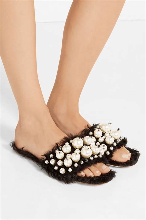 miu miu fur pearl slides|Miu Miu Black Fur Pearl Embellished Flat Slides 36.5.